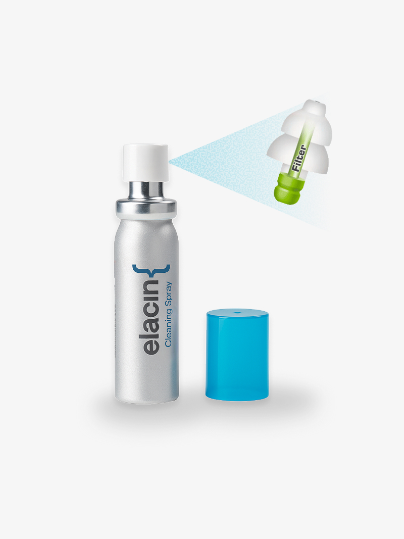 Elacin Reinigungsspray mit blauer Kappe und Illustration zum Aufsprühen bei der Reinigung des Ohrfilters
