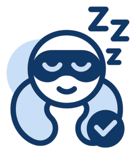 Person mit Schlafmaske und Nackenkissen, Zzz-Symbole und Häkchen für geprüften Schlafkomfort